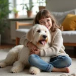 Fille souriante avec chien peluche dans un salon moderne