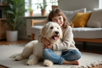 Fille souriante avec chien peluche dans un salon moderne