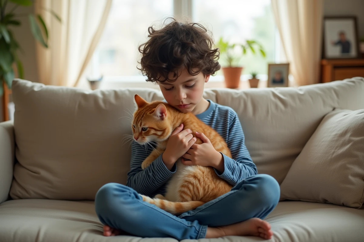 Jeune garçon tenant affectueusement son chat orange avant de le confier à une association, expression émotionnelle et touchante