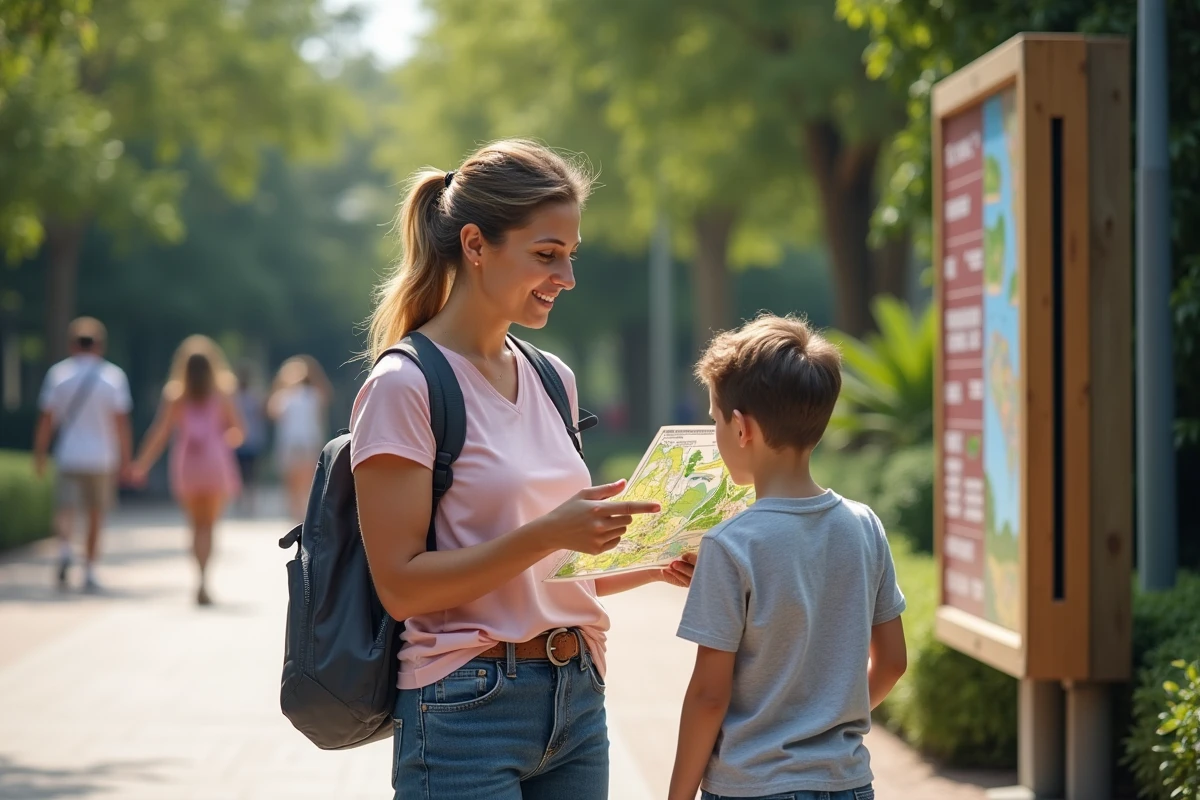 Enfant et mère regardant la carte du zoo La Palmyre