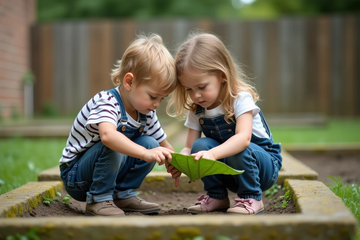 Deux enfants de maternelle observant une coccinelle sur une feuille dans le jardin de leur école lors d'une activité de découverte des insectes
