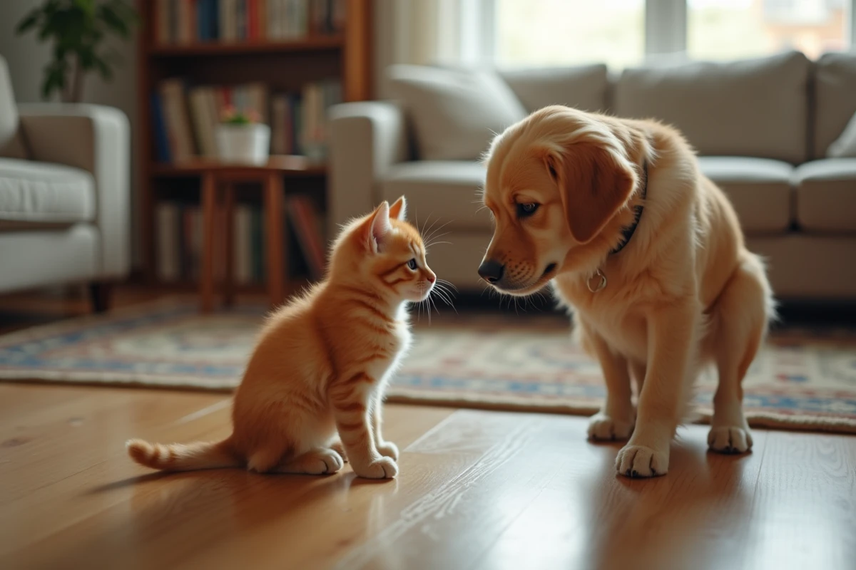 Chaton rencontrant un chien dans un foyer pour évaluer l'entente entre animaux avant adoption
