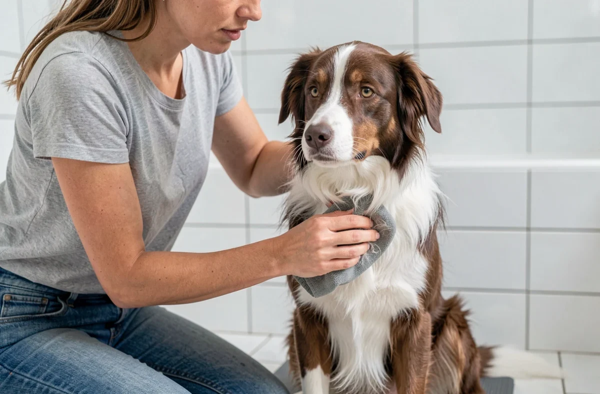 Femme brossant un Border Collie à poil ras avec un gant de toilette en caoutchouc dans une salle de bain moderne, illustrant l'entretien du pelage pendant la mue
