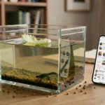 Aquarium de têtard mal entretenu avec excès de nourriture et eau trouble, erreur fréquente vue sur les réseaux sociaux