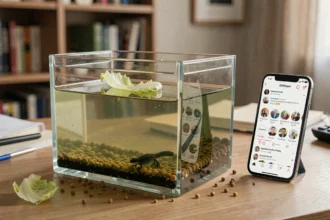 Aquarium de têtard mal entretenu avec excès de nourriture et eau trouble, erreur fréquente vue sur les réseaux sociaux