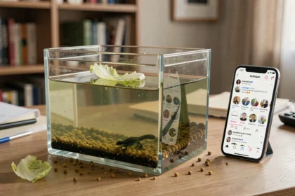 Aquarium de têtard mal entretenu avec excès de nourriture et eau trouble, erreur fréquente vue sur les réseaux sociaux