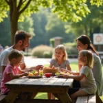 Famille souriante pique-niquant au zoo de La Palmyre