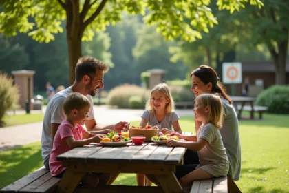 Famille souriante pique-niquant au zoo de La Palmyre