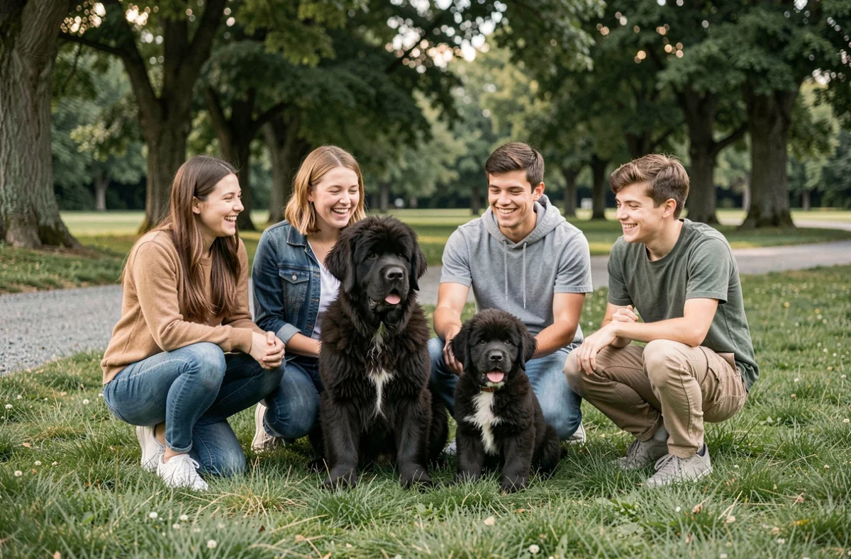 Famille avec un chien Terre Neuve adulte et un chiot Terre Neuve dans un parc, illustrant le choix entre adopter un bébé ou un adulte Terre Neuve
