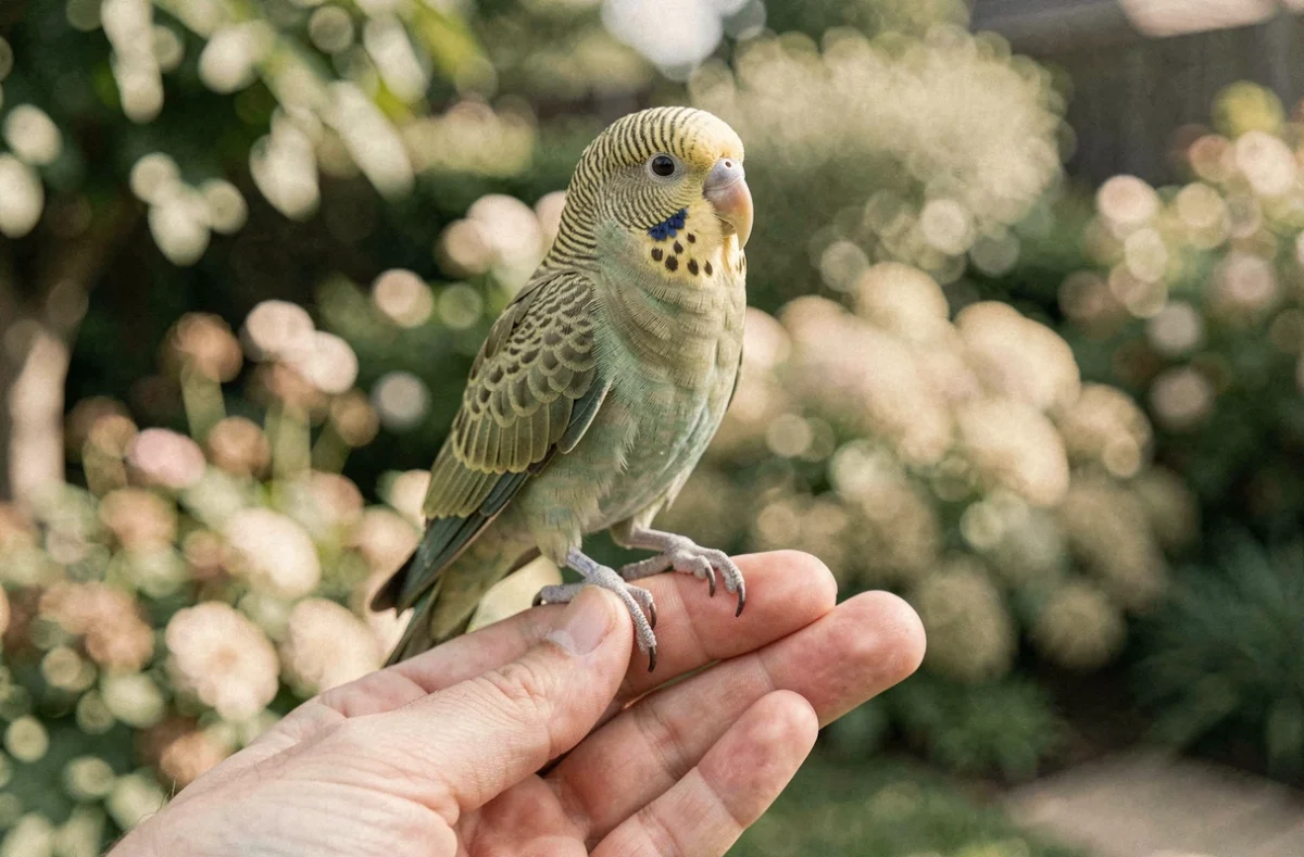 Femelle perruche omnicolore posée sur un doigt humain dans un jardin, plumage vert et brun visible en détail