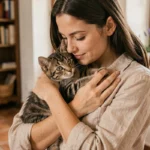 Jeune femme tenant un chaton tigré dans ses bras dans un salon provençal, illustration d'une adoption responsable de chatons près de Toulon