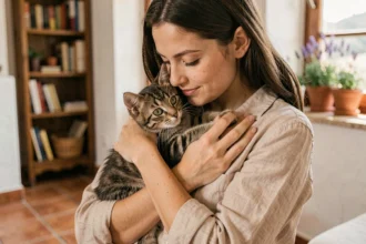 Jeune femme tenant un chaton tigré dans ses bras dans un salon provençal, illustration d'une adoption responsable de chatons près de Toulon