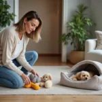 Femme arrangeant jouets pour chien dans un salon moderne