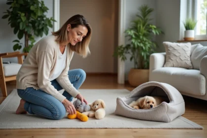 Femme arrangeant jouets pour chien dans un salon moderne