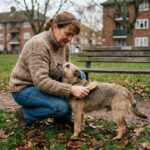 Femme caressant son chien dans un parc automnal