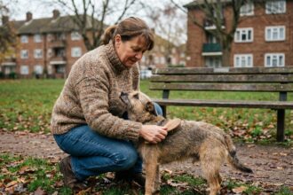 Femme caressant son chien dans un parc automnal