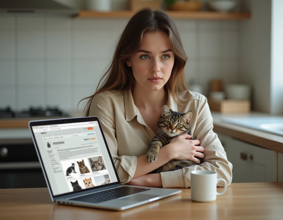 Jeune femme consultant des annonces de chatons British Shorthair gratuits sur un ordinateur portable à la maison