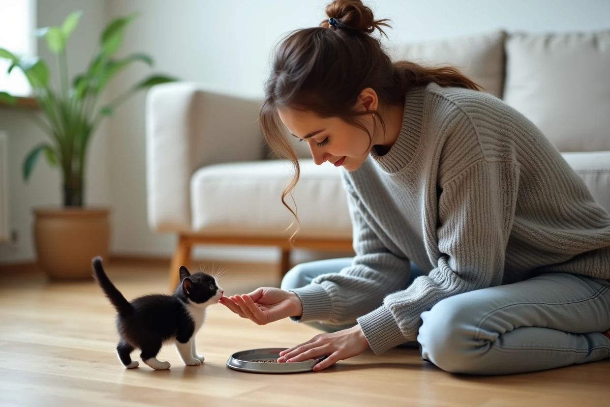 Jeune femme tendant la main à un chaton noir et blanc apeuré lors des premiers jours d'adoption à domicile