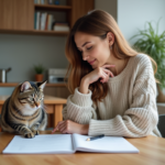 Femme assise avec son chat dans un intérieur cosy