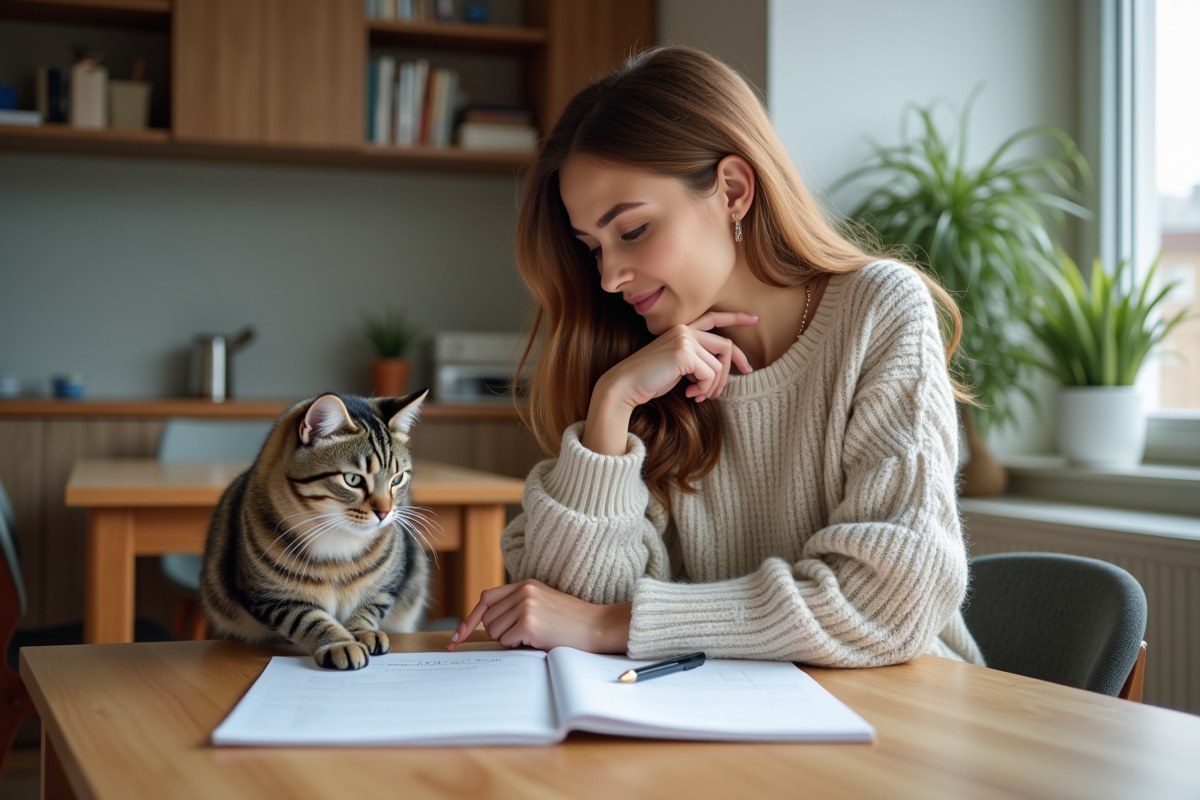 Femme assise avec son chat dans un intérieur cosy