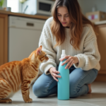 Jeune femme anxieuse avec chat orange et bouteille de disinfectant