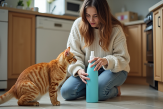 Jeune femme anxieuse avec chat orange et bouteille de disinfectant