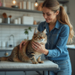 Jeune femme caressant son chat dans un salon de toilettage