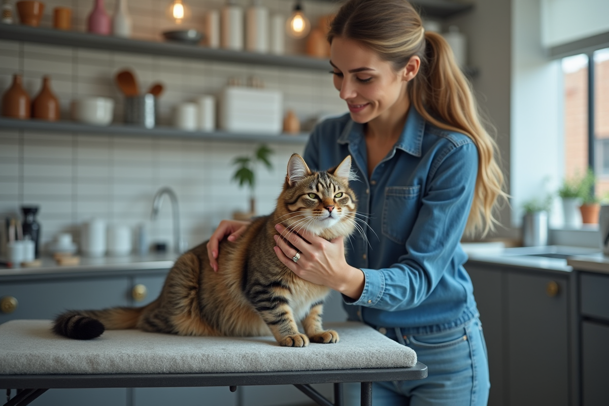 Jeune femme caressant son chat dans un salon de toilettage