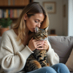 Femme avec chat tabby dans un salon chaleureux