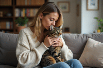 Femme avec chat tabby dans un salon chaleureux