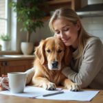 Femme assise à la cuisine avec son chien golden retriever