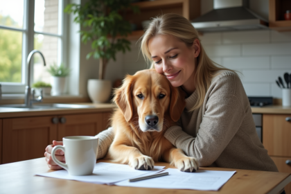 Femme assise à la cuisine avec son chien golden retriever