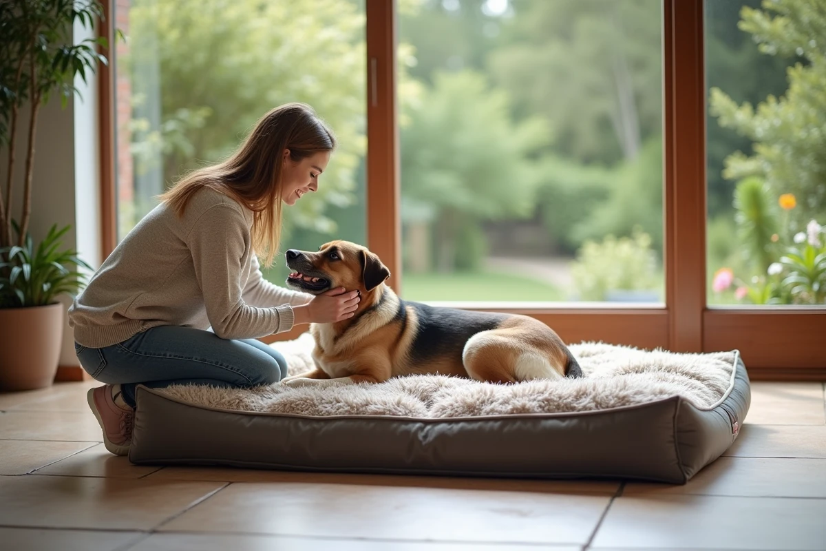 Femme jouant avec son chien sur un grand lit anti-rayures