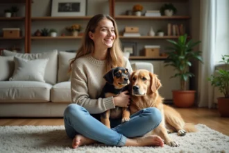 Jeune femme avec un teckel arlequin et un golden retriever dans un salon