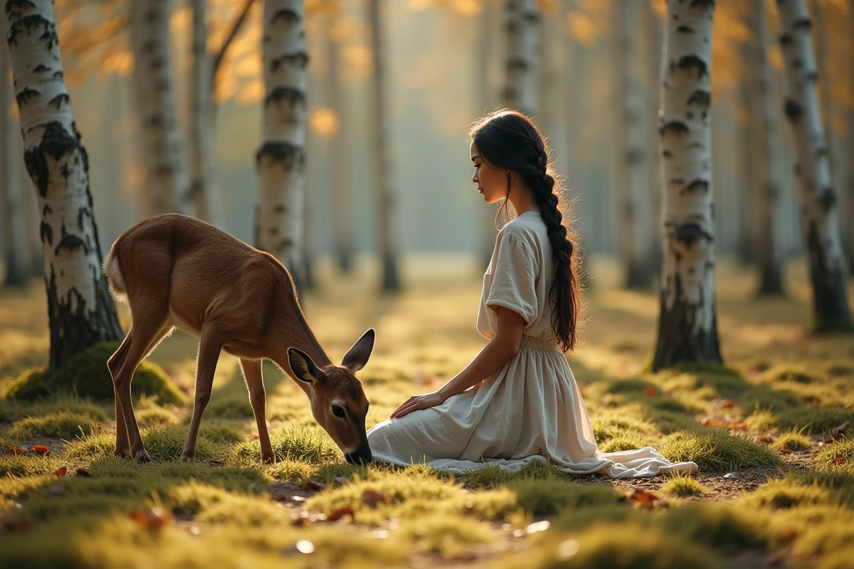 Une jeune femme en robe de lin agenouillée près d'une biche dans une clairière de bouleaux automnale, évoquant la connexion spirituelle entre la femme et le cerf