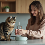 Femme déposant un bol d'eau près d'un chat dans la cuisine