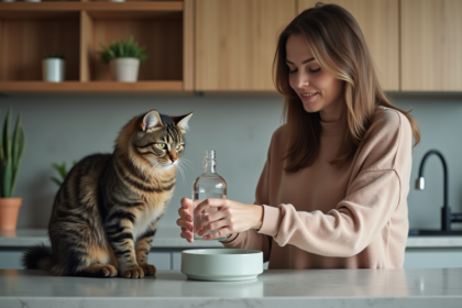 Femme déposant un bol d'eau près d'un chat dans la cuisine