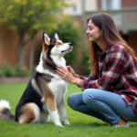 Jeune femme brossant son chien australien husky dans le jardin