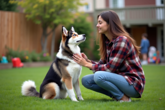 Jeune femme brossant son chien australien husky dans le jardin