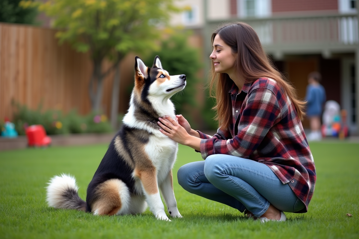 Jeune femme brossant son chien australien husky dans le jardin
