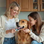 Femme et chien en train de se brosser les dents à la maison