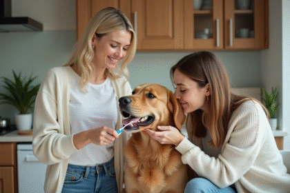 Femme et chien en train de se brosser les dents à la maison