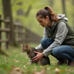 Femme prudente caressant un chat tigré dans la forêt
