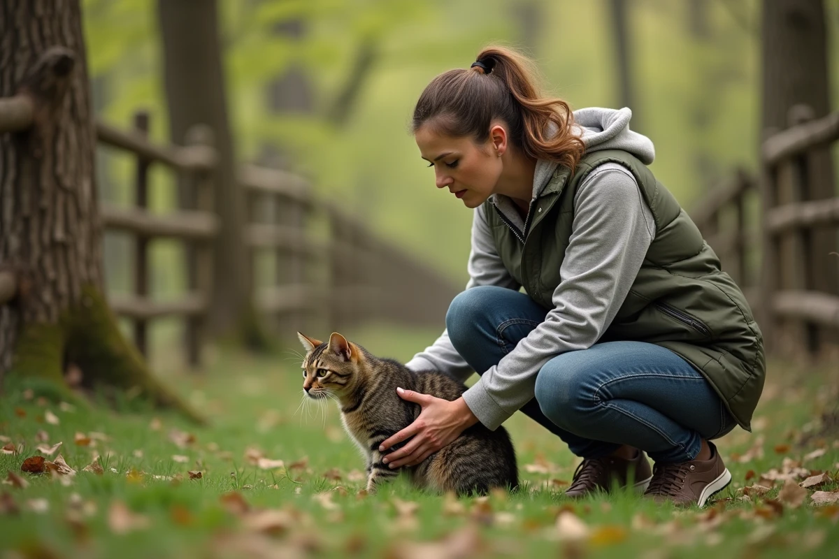Femme prudente caressant un chat tigré dans la forêt