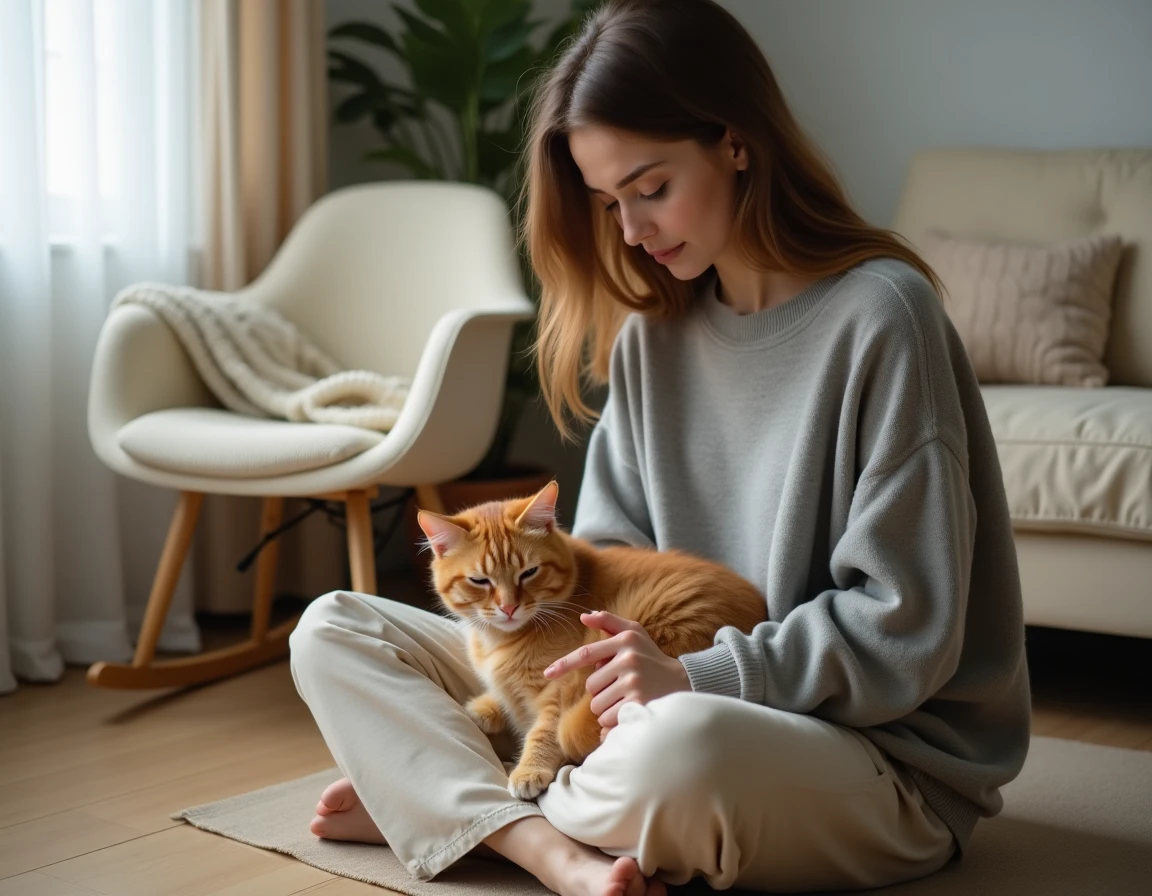 Jeune femme réconfortant son chat roux sur ses genoux dans un salon avec une chaise de bébé visible en arrière-plan