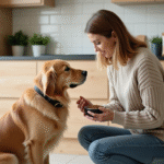 Femme et chien dans la cuisine examinant la nourriture