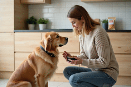 Femme et chien dans la cuisine examinant la nourriture