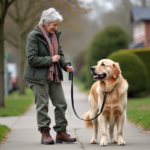 Femme pratique avec golden retriever dans un quartier résidentiel