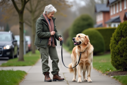 Femme pratique avec golden retriever dans un quartier résidentiel