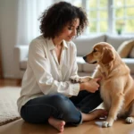 Femme examinant la patte de son golden retriever à la maison, illustrant le soin apporté à la santé d'un chien avec une mutuelle adaptée